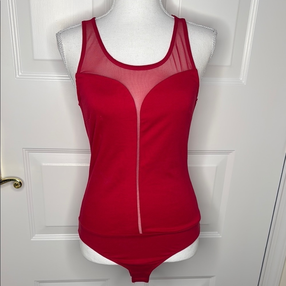 Ambiance Apparel Red Mesh Detail Bodysuit. Medium